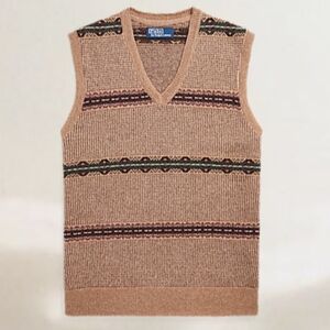 Polo by Ralph Lauren Men's V-Neck Sweater Vest in Beige and Brown